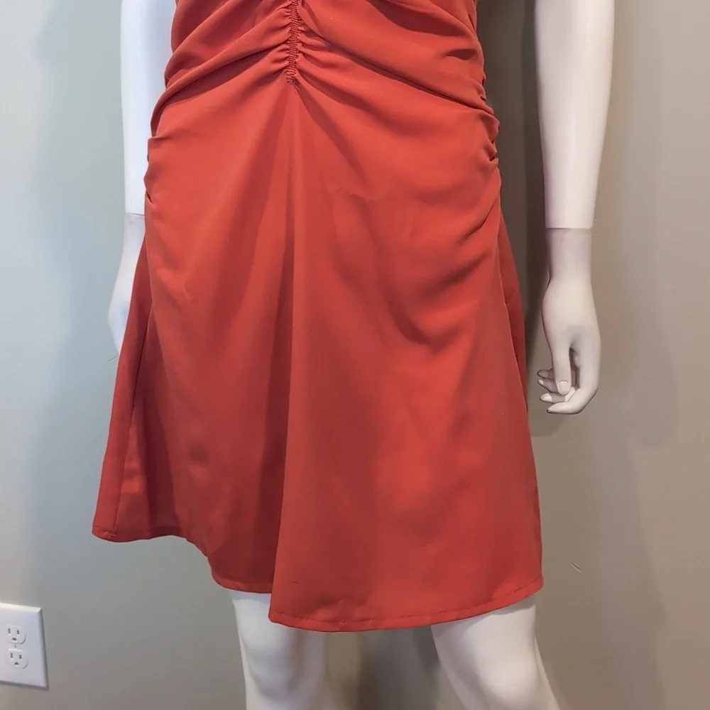 SHEIN Coral Pink V Neck Ruched Front Short Sleeve Mini Dress Size Medium